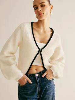 COMMENSE Contrast Trim Clasp Knit Outwear* Sweater Tops|Outerwear