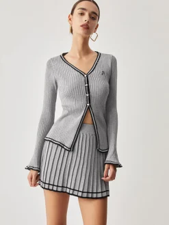 COMMENSE Contrast Trim Curved Cardigan With Matching Pleat Mini Skirt* Cardigans|Sweater Tops