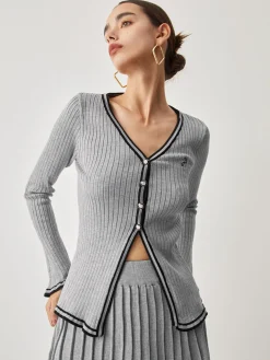COMMENSE Contrast Trim Curved Cardigan With Matching Pleat Mini Skirt* Cardigans|Sweater Tops
