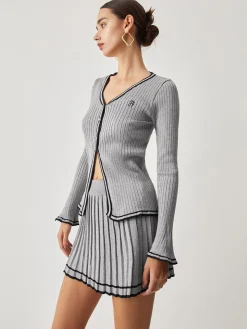 COMMENSE Contrast Trim Curved Cardigan With Matching Pleat Mini Skirt* Cardigans|Sweater Tops