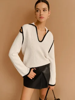 COMMENSE Contrast Trim Cutout Lapel Sweater* Sweater Tops|Sweaters & Cardigans
