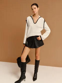 COMMENSE Contrast Trim Cutout Lapel Sweater* Sweater Tops|Sweaters & Cardigans