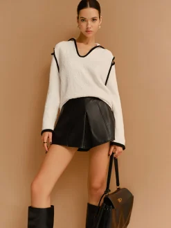 COMMENSE Contrast Trim Cutout Lapel Sweater* Sweater Tops|Sweaters & Cardigans