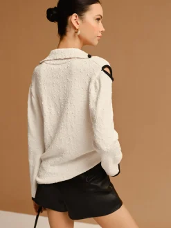 COMMENSE Contrast Trim Cutout Lapel Sweater* Sweater Tops|Sweaters & Cardigans