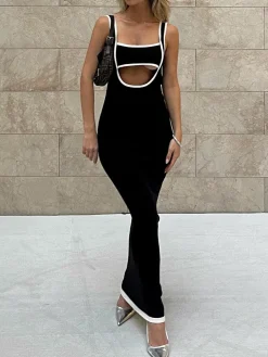 COMMENSE Contrast Trim Cutout Long Sweater Dress* Black Dresses|Sweater Dresses