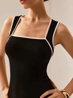 COMMENSE Contrast Trim Cutout Tank Dress* Black Dresses|Casual Dresses