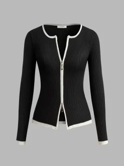 COMMENSE Contrast Trim Double-Zipper Knit Top* Sweater Tops|Sweaters & Cardigans