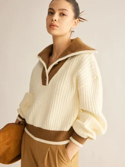 COMMENSE Contrast Trim Lapel Button Sweater* Sweater Tops|Sweaters & Cardigans