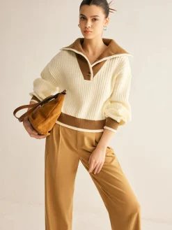 COMMENSE Contrast Trim Lapel Button Sweater* Sweater Tops|Sweaters & Cardigans