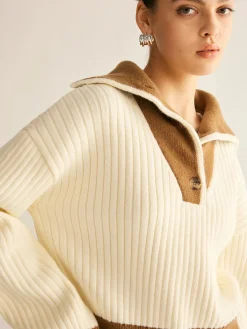 COMMENSE Contrast Trim Lapel Button Sweater* Sweater Tops|Sweaters & Cardigans