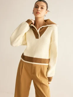 COMMENSE Contrast Trim Lapel Button Sweater* Sweater Tops|Sweaters & Cardigans