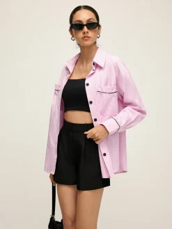 COMMENSE Contrast Trim Lapel Pinstripe Shirt* Blouses & Shirts|Tops