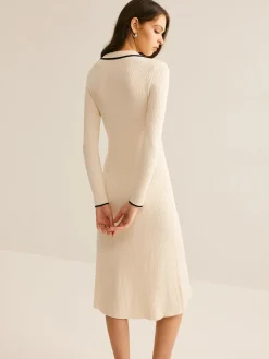 COMMENSE Contrast Trim Lapel Sweater Dress* Sweater Dresses|Work Dresses
