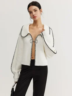 COMMENSE Contrast Trim Magnet Closure Knit Top* Sweater Tops|Sweaters & Cardigans