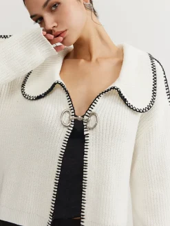 COMMENSE Contrast Trim Magnet Closure Knit Top* Sweater Tops|Sweaters & Cardigans