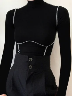 COMMENSE Contrast Trim Mock Neck Long Sleeve Top* T-shirts|Tops