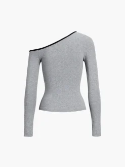 COMMENSE Contrast Trim Off Shoulder Long Sleeve Shirt* Sweater Tops|T-shirts