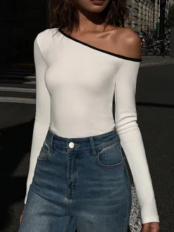COMMENSE Contrast Trim Off Shoulder Long Sleeve Shirt* Sweater Tops|T-shirts