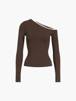 COMMENSE Contrast Trim Off Shoulder Long Sleeve Shirt* Sweater Tops|T-shirts