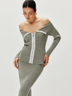 COMMENSE Contrast Trim Off Shoulder Cardigan* Cardigans|Sweaters & Cardigans