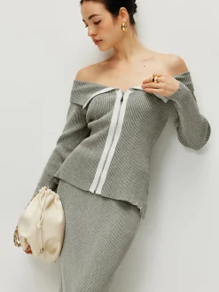 COMMENSE Contrast Trim Off Shoulder Cardigan* Cardigans|Sweaters & Cardigans