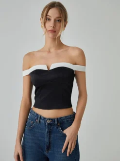 COMMENSE Contrast Trim Off-Shoulder Blouse* Blouses & Shirts|Tops