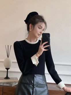 COMMENSE Contrast Trim Pearl-Detail Sweater* Sweater Tops|Sweaters & Cardigans