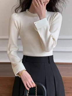 COMMENSE Contrast Trim Pearl-Detail Sweater* Sweater Tops|Sweaters & Cardigans