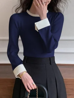 COMMENSE Contrast Trim Pearl-Detail Sweater* Sweater Tops|Sweaters & Cardigans