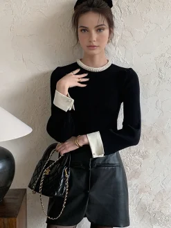 COMMENSE Contrast Trim Pearl-Detail Sweater* Sweater Tops|Sweaters & Cardigans