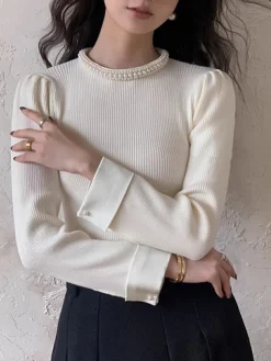 COMMENSE Contrast Trim Pearl-Detail Sweater* Sweater Tops|Sweaters & Cardigans