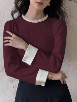 COMMENSE Contrast Trim Pearl-Detail Sweater* Sweater Tops|Sweaters & Cardigans