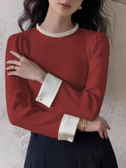 COMMENSE Contrast Trim Pearl-Detail Sweater* Sweater Tops|Sweaters & Cardigans