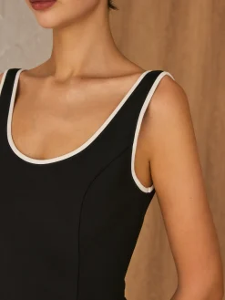 COMMENSE Contrast Trim Piping Zipper Dress* Black Dresses|Casual Dresses