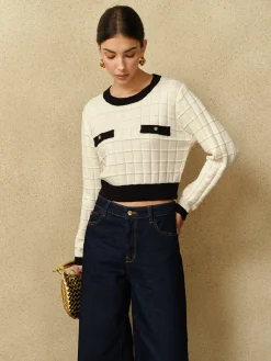 COMMENSE Contrast Trim Plaid Pullover Sweater* Sweater Tops|Sweaters & Cardigans