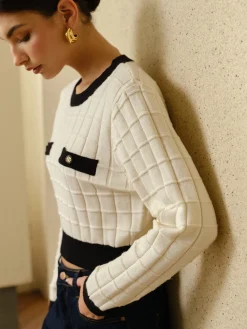 COMMENSE Contrast Trim Plaid Pullover Sweater* Sweater Tops|Sweaters & Cardigans