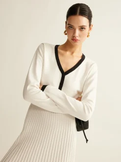 COMMENSE Contrast Trim Pleated Knit Skirt Set* Skirt Sets|Long Sleeve Sets