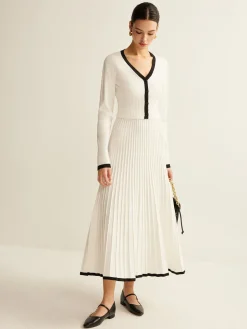 COMMENSE Contrast Trim Pleated Knit Skirt Set* Skirt Sets|Long Sleeve Sets