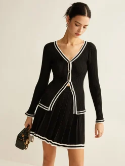 COMMENSE Contrast Trim Pleated Knit Skirt Set* Sweater Tops|Skirts