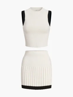 COMMENSE Contrast Trim Pleated Mini Sweater Skirt Set* Sweater Tops|Skirts
