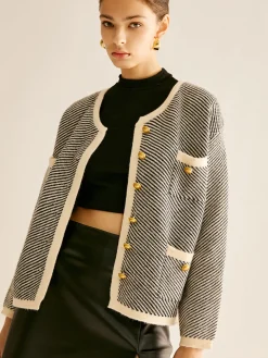 COMMENSE Contrast Trim Pockets Knit Outerwear* Sweater Tops|Outerwear