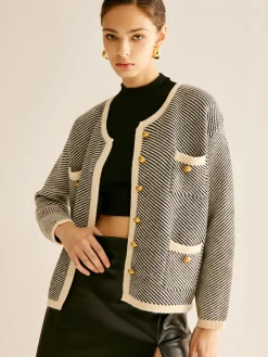 COMMENSE Contrast Trim Pockets Knit Outerwear* Sweater Tops|Outerwear