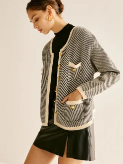 COMMENSE Contrast Trim Pockets Knit Outerwear* Sweater Tops|Outerwear
