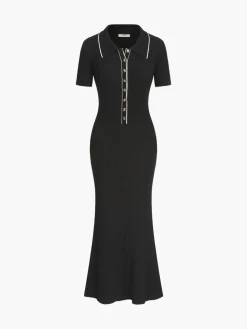 COMMENSE Contrast Trim Polo Long Knit Dress* Black Dresses|Sweater Dresses