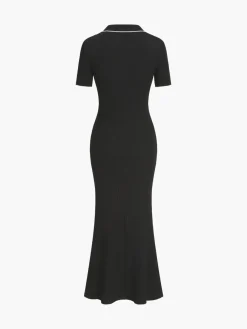 COMMENSE Contrast Trim Polo Long Knit Dress* Black Dresses|Sweater Dresses
