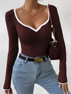 COMMENSE Contrast Trim Sexy Knit Top* Sweater Tops|Sweaters & Cardigans