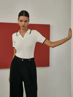 COMMENSE Contrast Trim Short Sleeve Knit Top* Sweater Tops|Sweaters & Cardigans