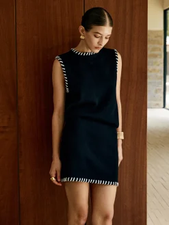 COMMENSE Contrast Trim Sleeveless Skirt Set* Skirt Sets|Long Sleeve Sets
