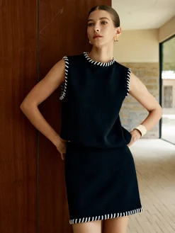 COMMENSE Contrast Trim Sleeveless Skirt Set* Skirt Sets|Long Sleeve Sets