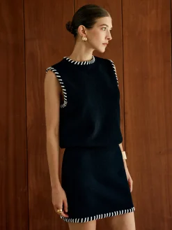 COMMENSE Contrast Trim Sleeveless Skirt Set* Skirt Sets|Long Sleeve Sets